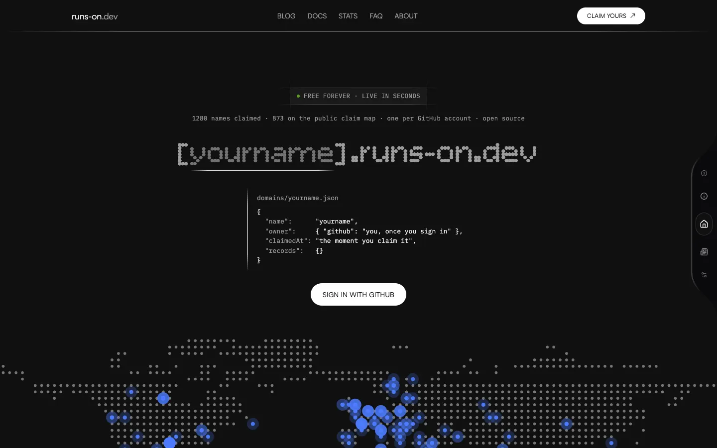 The runs-on.dev homepage, where a GitHub account claims a free subdomain