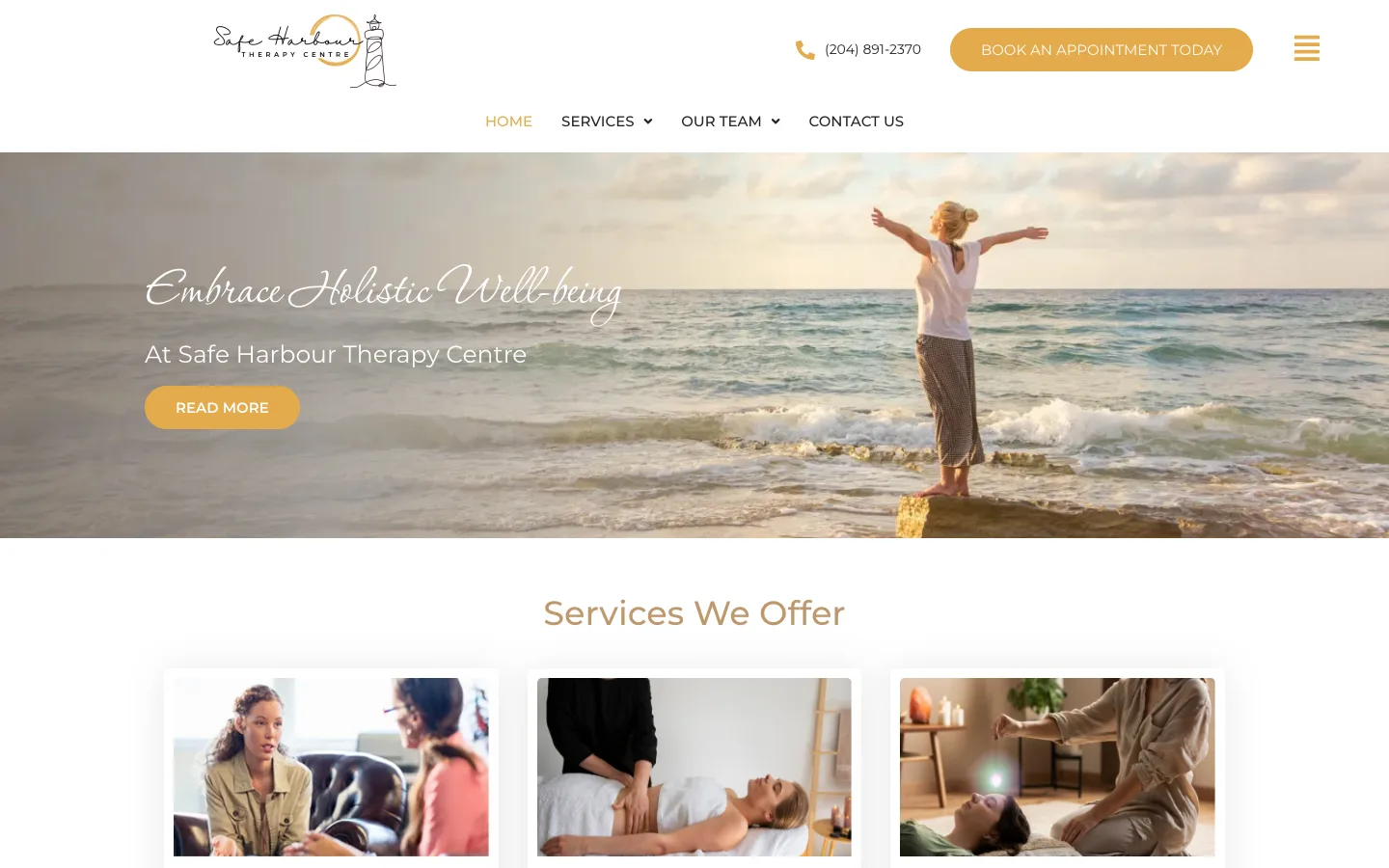 The Safe Harbour Therapy Centre homepage: the lighthouse logo, a Book an Appointment Today button, and the heading Embrace Holistic Well-being over a photo of a woman on a beach.