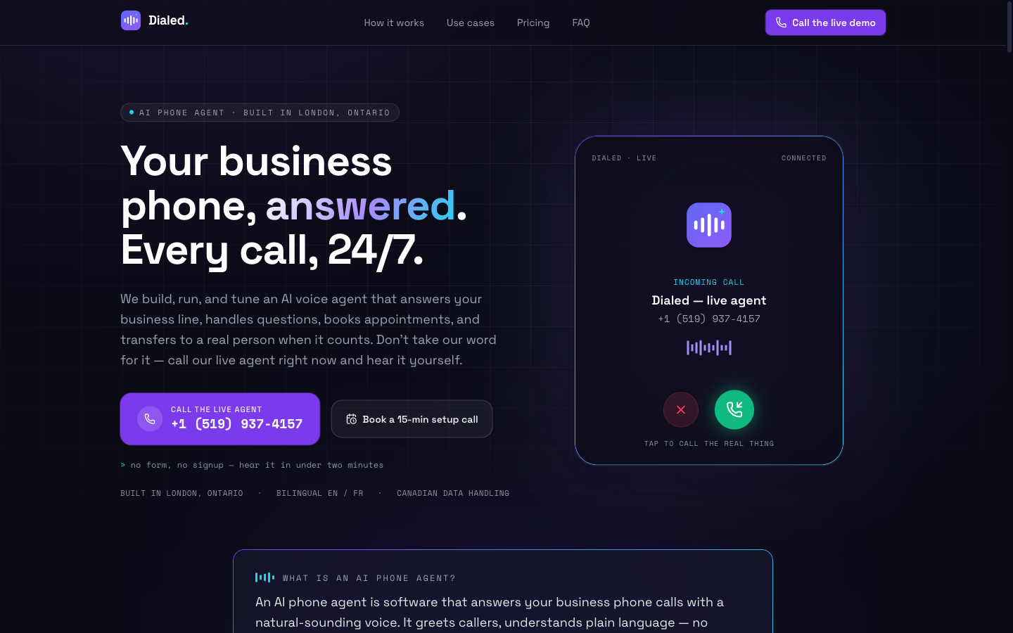 Dialed, a live AI phone agent answering a call